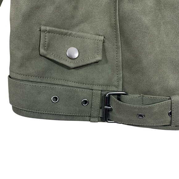 Forever 21 Distressed Faux Leather Olive Moto Jacket With Belt size small - Picture 9 of 16